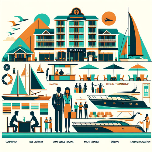 Hotel mit Yachthafen, Konferenzräume, Gastronomie, Yachtcharter, Schule für Motorboot- und Segelnavigation.