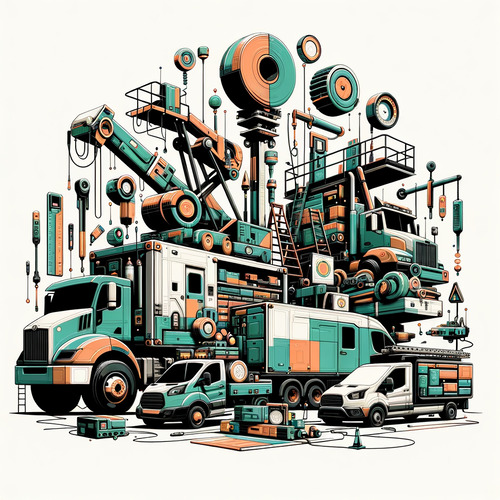 Elektrotechnikerbetrieb mit umfangreichem Fuhrpark, Arbeitsbühnen, Messgeräten, Gerüsten, Anhängern und Bauwagen für reibungslosen Arbeitsablauf.
