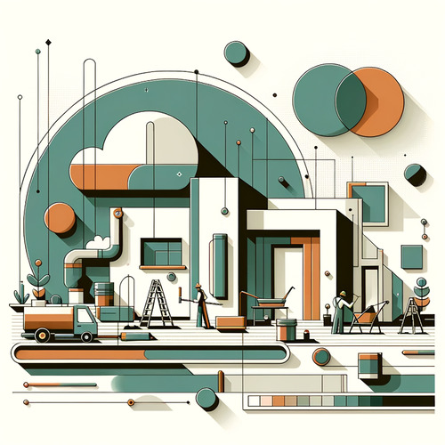 Klassische Malerarbeiten, einschließlich Fassadendämmung und Bodenbeläge in einer ländlichen Region im Nordosten Deutschlands.