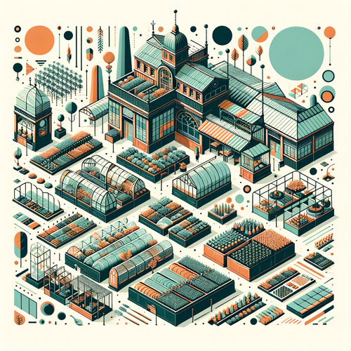 Klassischer Gartenmarkt mit Verkaufsflächen und Gewächshausstrukturen, Handelszweig zur Versorgung landwirtschaftlicher Betriebe mit Futtermitteln.