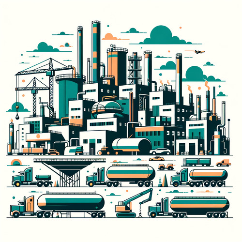 Mineralölbetrieb mit Tankstelle, Spedition und Transport, Gebäude, Tankwagen, Kranfahrzeuge, Sattelzugmaschinen